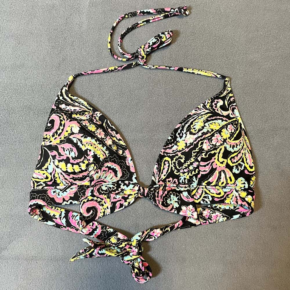 Victoria's Secret Bikini Top Womens Small Black Multicolor Floral Paisley Halter